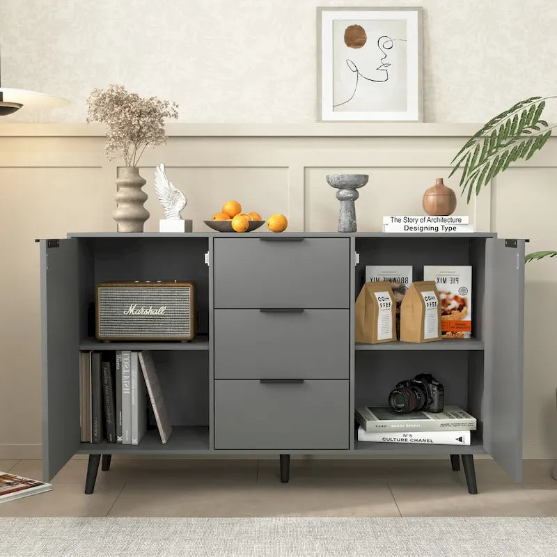 Sideboard Buffet Cabinet with Storage, Wood Coffee Bar Cabinet, 47.2  Kitchen Cabinet with 3 Drawers & 2 Doors