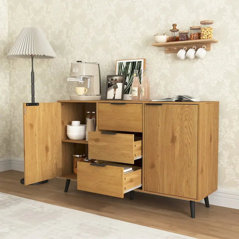 Sideboard Buffet Cabinet with Storage, Wood Coffee Bar Cabinet, 47.2  Kitchen Cabinet with 3 Drawers & 2 Doors