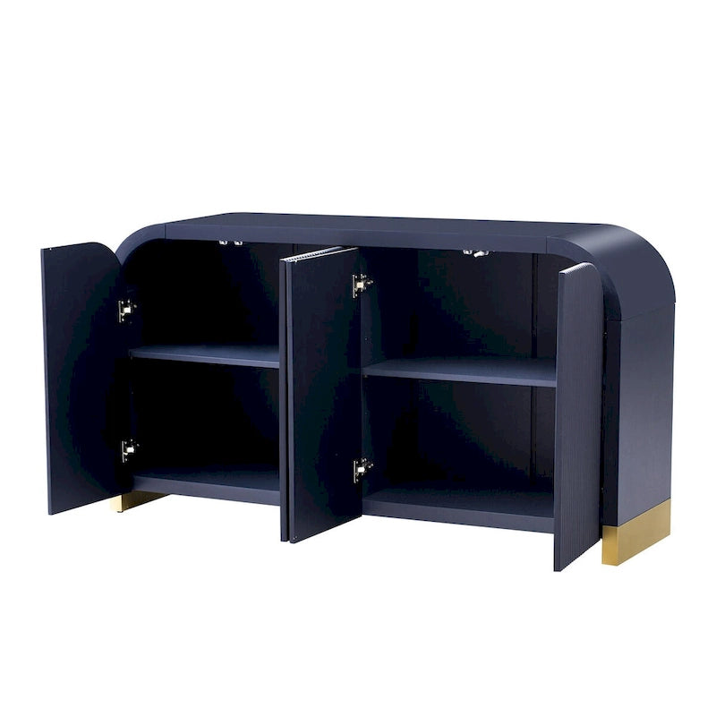 4-door Curved Corner Design Wavy Door Panel Cabinet with Adjustable Shelves, Suitable for Study, Living Room and Entrance