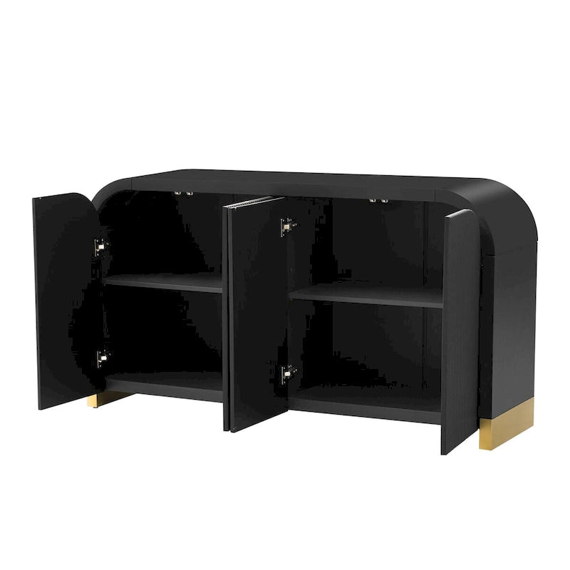 4-door Curved Corner Design Wavy Door Panel Cabinet with Adjustable Shelves, Suitable for Study, Living Room and Entrance