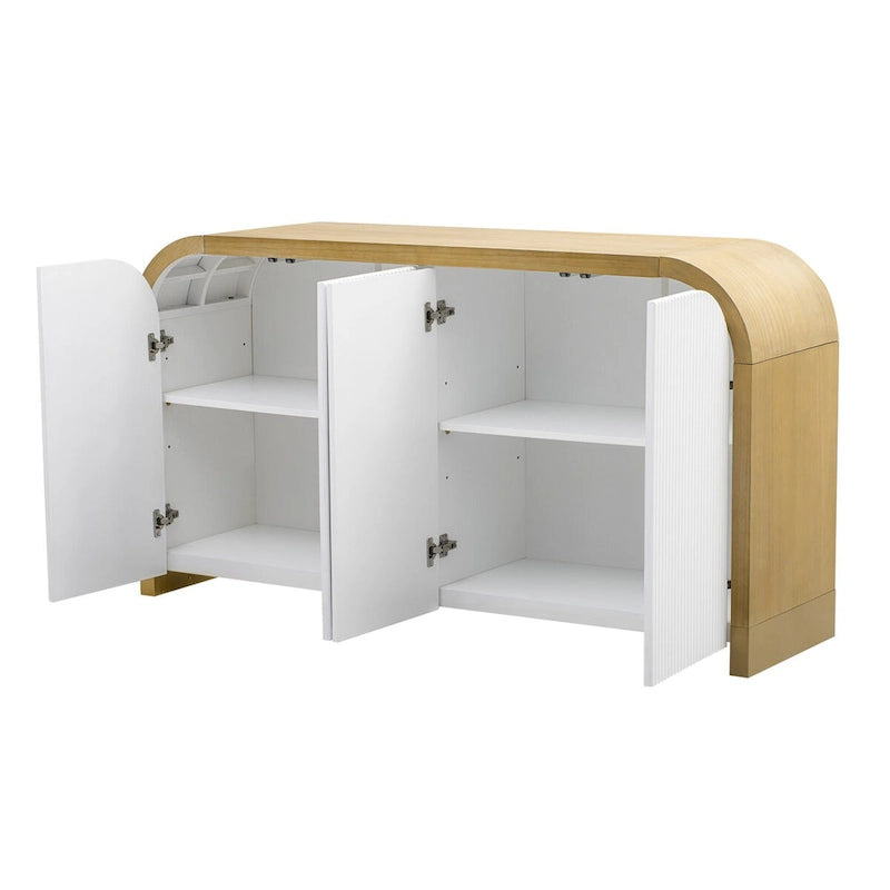 4-door Curved Corner Design Wavy Door Panel Cabinet with Adjustable Shelves, Suitable for Study, Living Room and Entrance