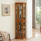 Corner Curio Cabinet with Lights, Adjustable Tempered Glass Shelves, Mirrored Back, Display Cabinet
