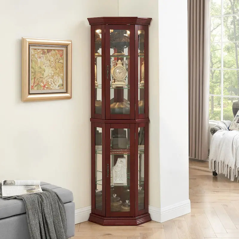 Corner Curio Cabinet with Lights, Adjustable Tempered Glass Shelves, Mirrored Back, Display Cabinet