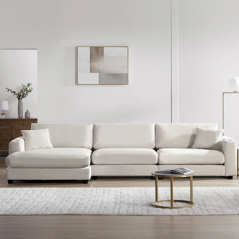 Large L-Shaped Cloud Couch in Beige Corduroy - Deep Seat Sofa Bed with USB, Cup Holder