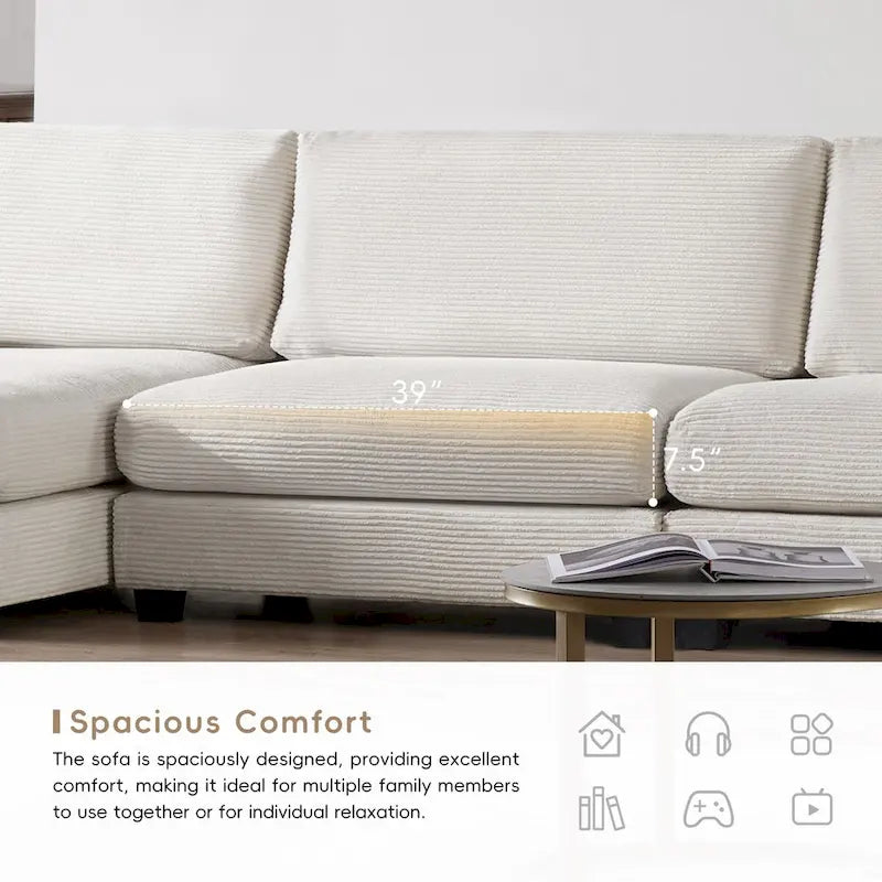 Large L-Shaped Cloud Couch in Beige Corduroy - Deep Seat Sofa Bed with USB, Cup Holder