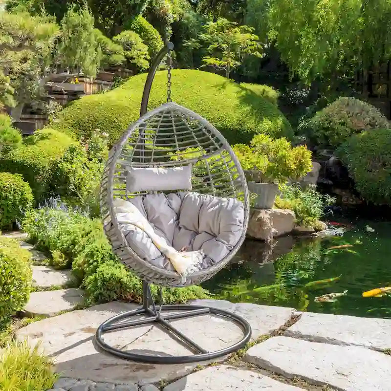 Outdoor Garden Rattan Egg Swing Chair Hanging Chair with Fabric Cushion,NO STAND BASKET ONLY