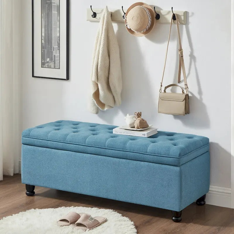 Upholstered Tufted Button Storage Bench with Spindle Wooden Legs - 45x18x18H