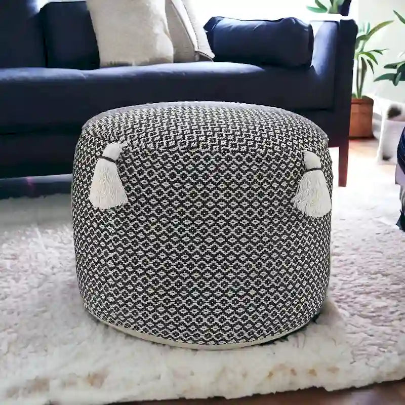 HomeRoots 18  Black Cotton Cylinder Geometric Pouf Ottoman