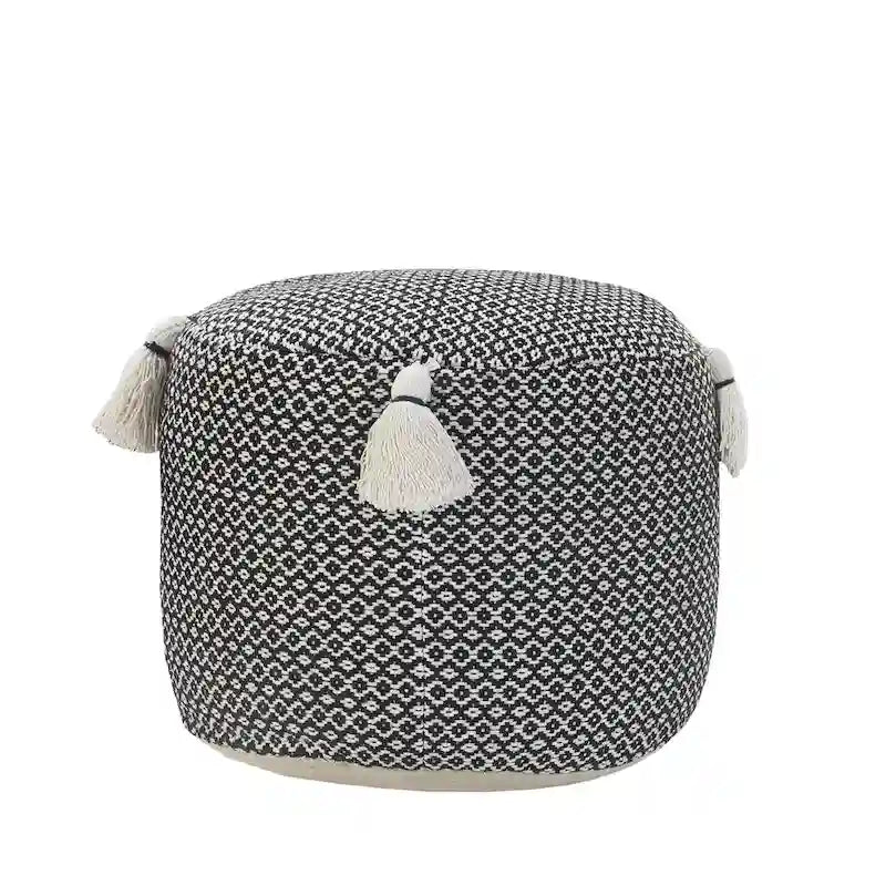 HomeRoots 18  Black Cotton Cylinder Geometric Pouf Ottoman