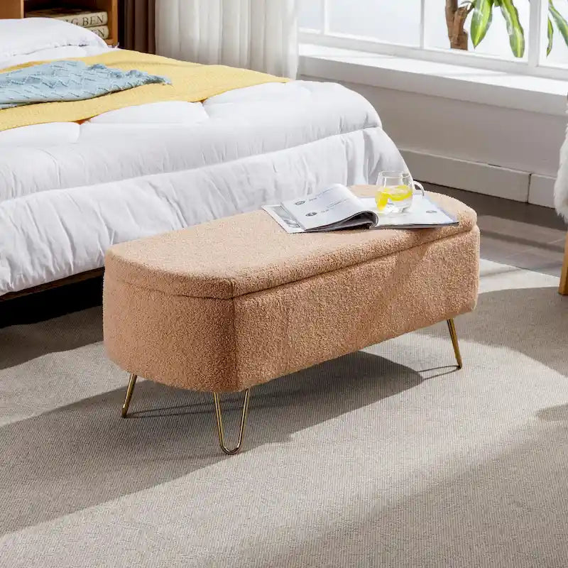 Modern Upholstered Storage Ottoman Bench with Metal Legs