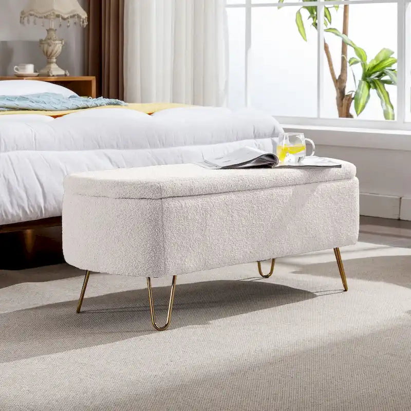 Modern Upholstered Storage Ottoman Bench with Metal Legs