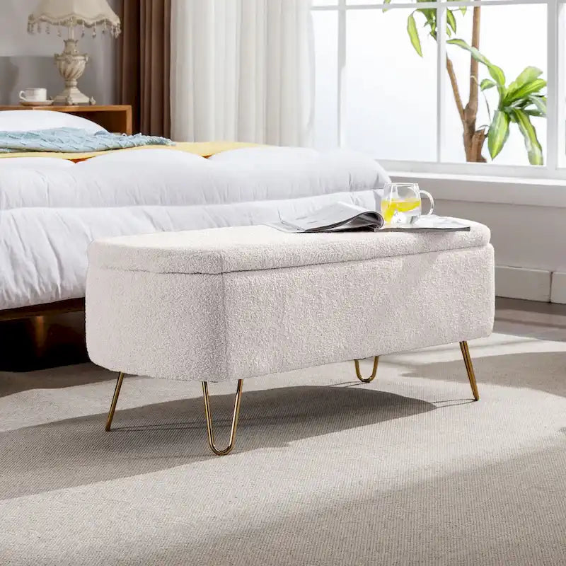 Modern Upholstered Storage Ottoman Bench with Metal Legs