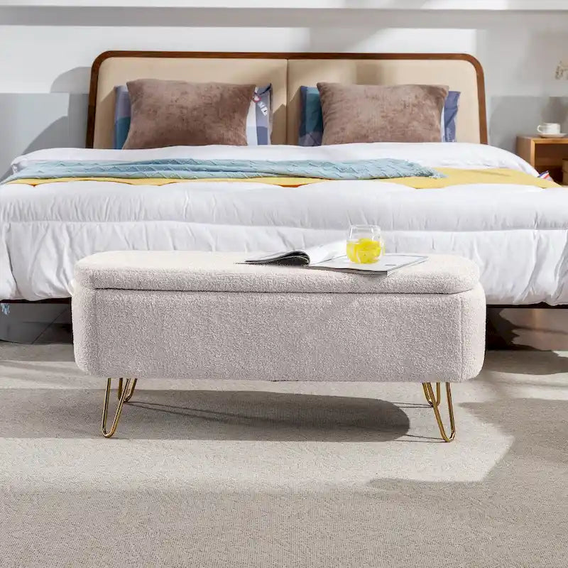 Modern Upholstered Storage Ottoman Bench with Metal Legs