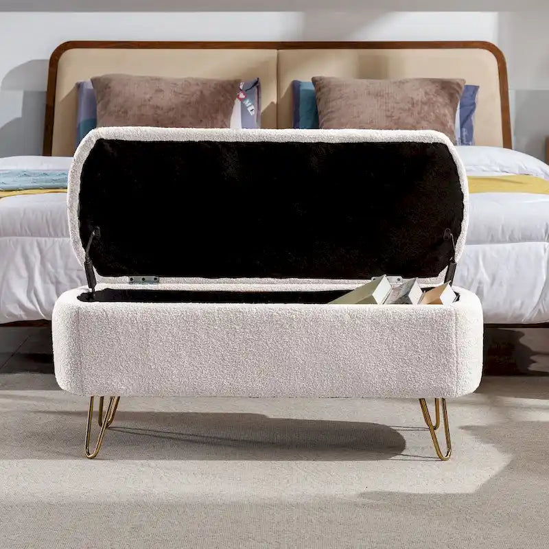 Modern Upholstered Storage Ottoman Bench with Metal Legs