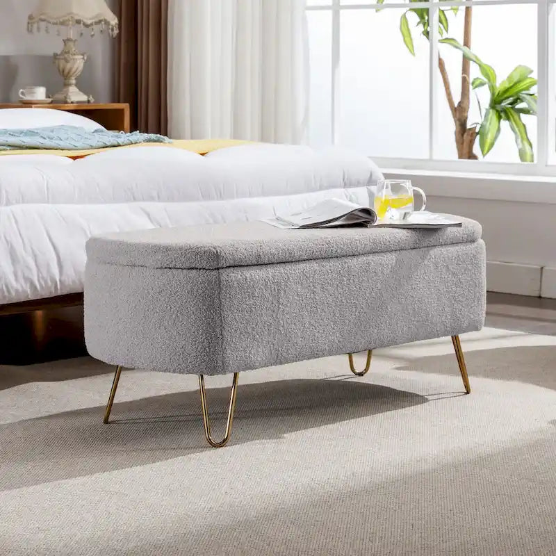 Modern Upholstered Storage Ottoman Bench with Metal Legs