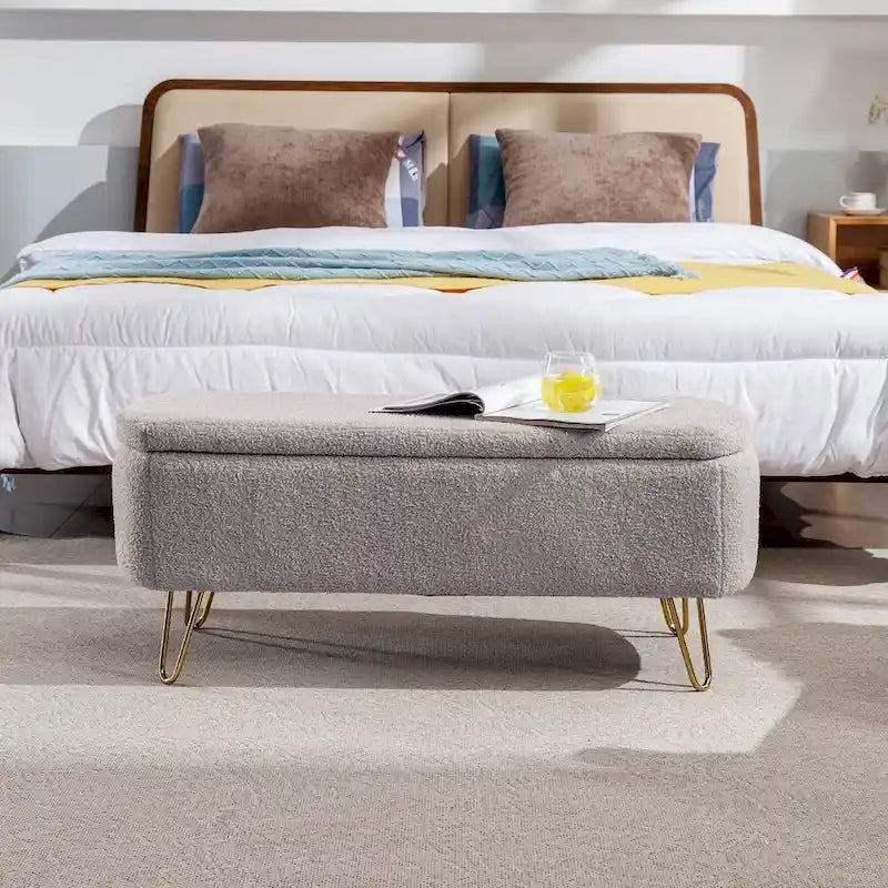 Modern Upholstered Storage Ottoman Bench with Metal Legs
