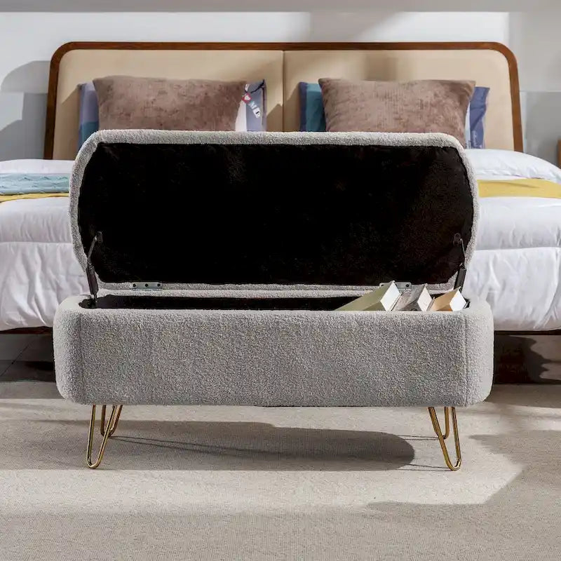 Modern Upholstered Storage Ottoman Bench with Metal Legs