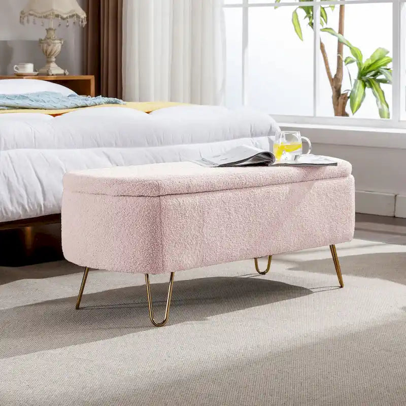 Modern Upholstered Storage Ottoman Bench with Metal Legs