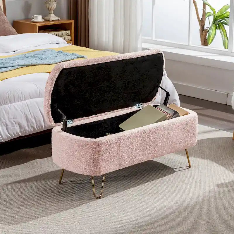 Modern Upholstered Storage Ottoman Bench with Metal Legs