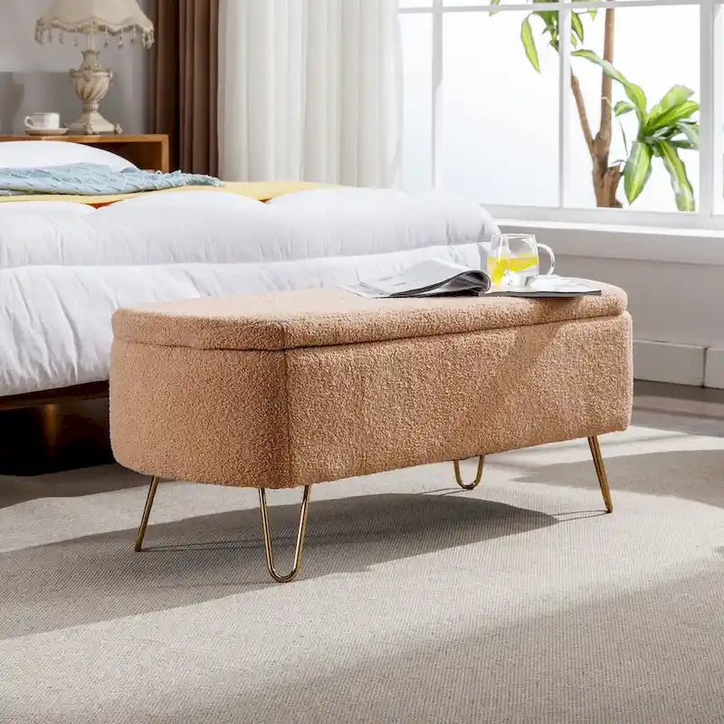 Modern Upholstered Storage Ottoman Bench with Metal Legs