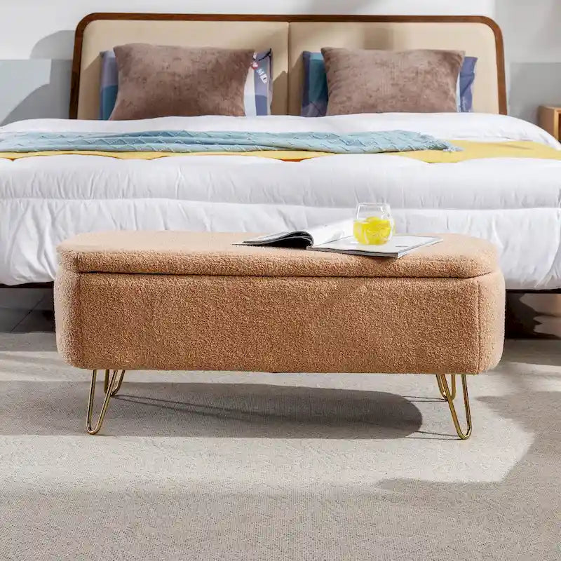 Modern Upholstered Storage Ottoman Bench with Metal Legs