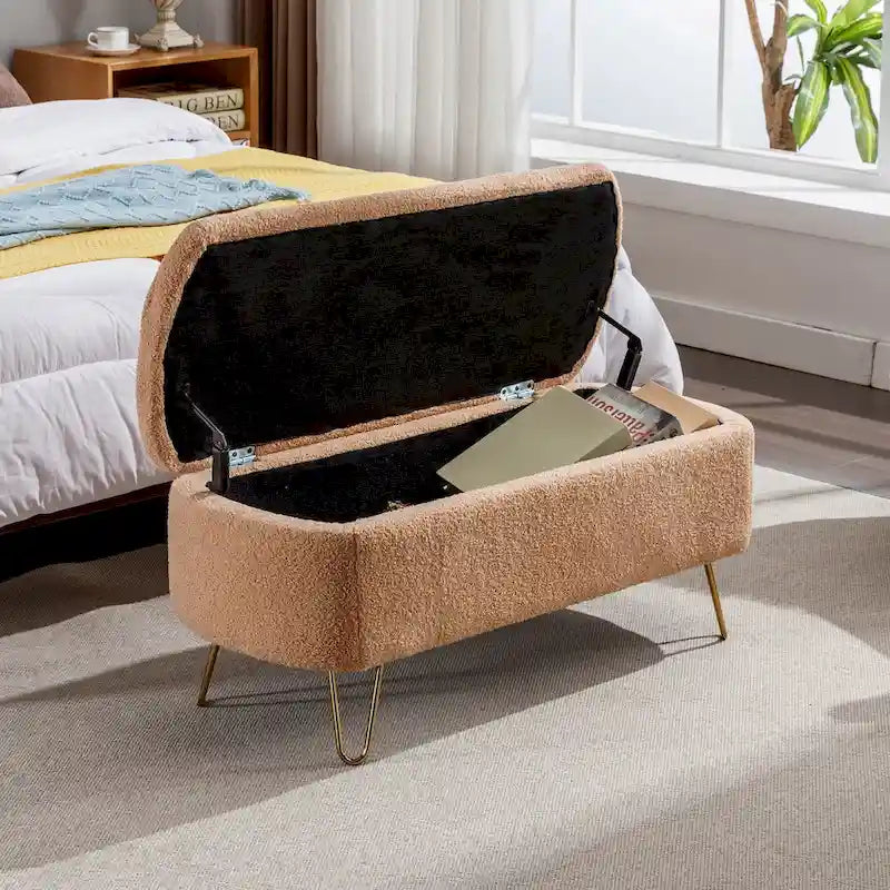 Modern Upholstered Storage Ottoman Bench with Metal Legs