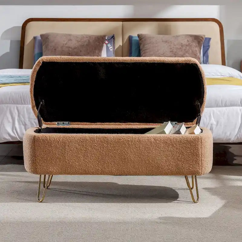 Modern Upholstered Storage Ottoman Bench with Metal Legs