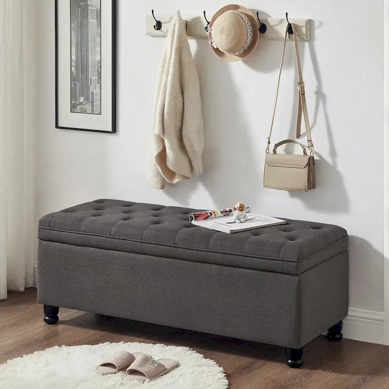45  Linen Fabric Storage Stool with Spindle Wood Legs