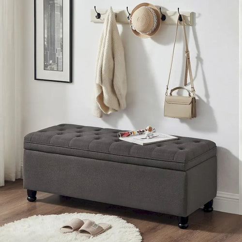 45  Linen Fabric Storage Stool with Spindle Wood Legs