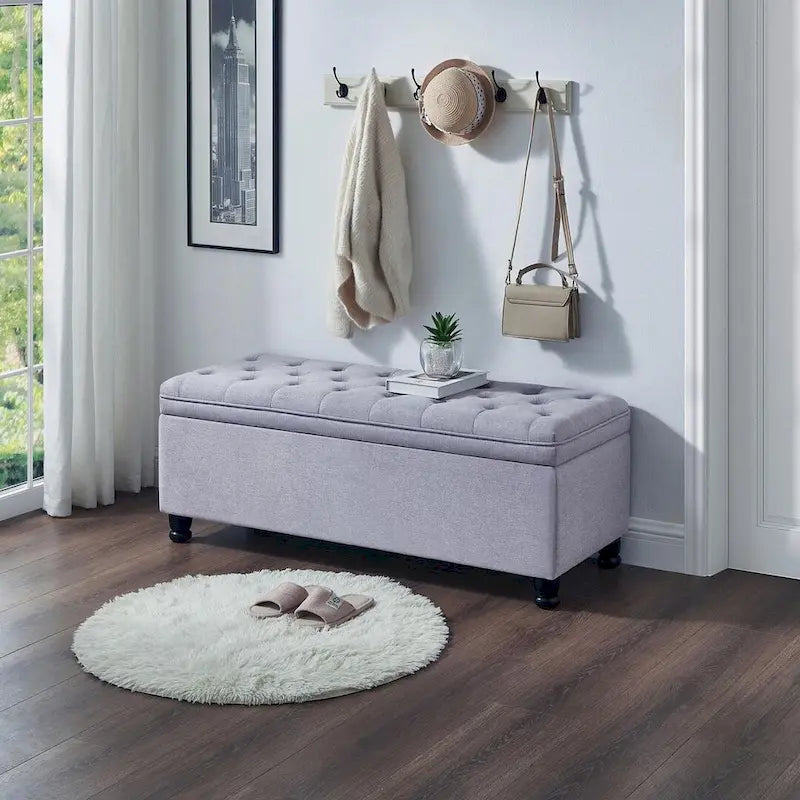 45  Linen Fabric Storage Stool with Spindle Wood Legs