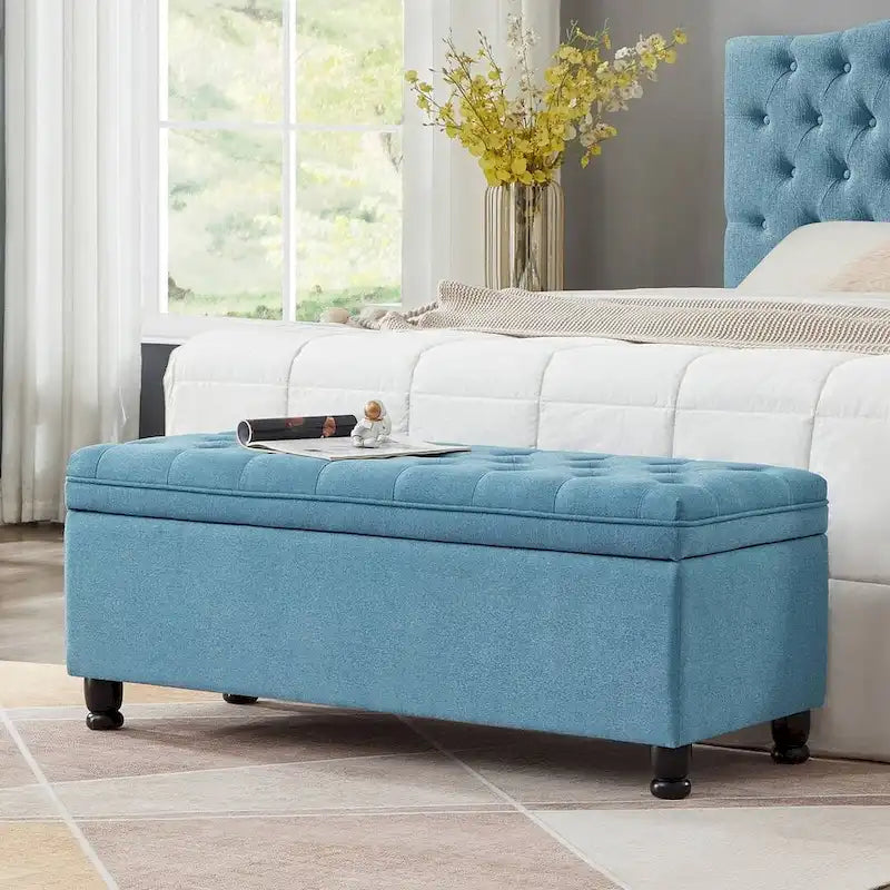 45  Linen Fabric Storage Stool with Spindle Wood Legs