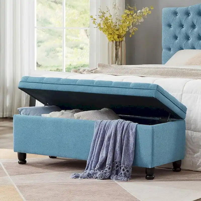 45  Linen Fabric Storage Stool with Spindle Wood Legs