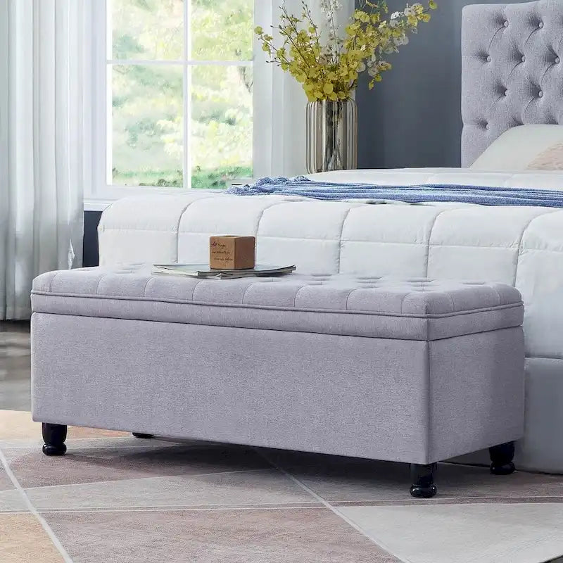 45  Linen Fabric Storage Stool with Spindle Wood Legs