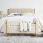 Elegant Upholstered Linen Storage Bench with Cylindrical Arms and Iron Legs for Hallway Living Room Bedroom, Beige
