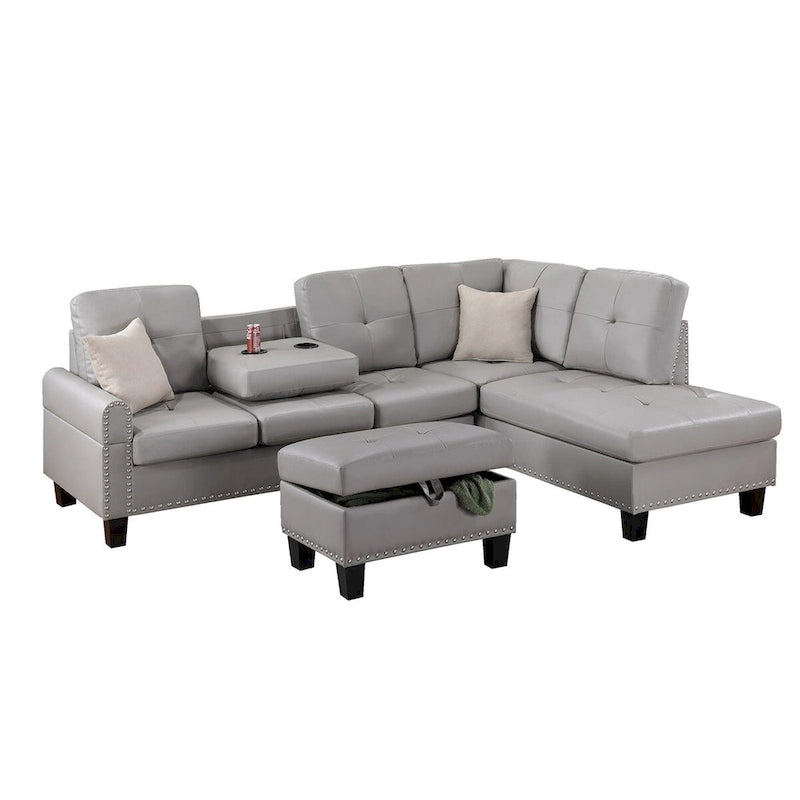 3 Piece Faux Leather Sectional Sofa Set with Storage Ottoman