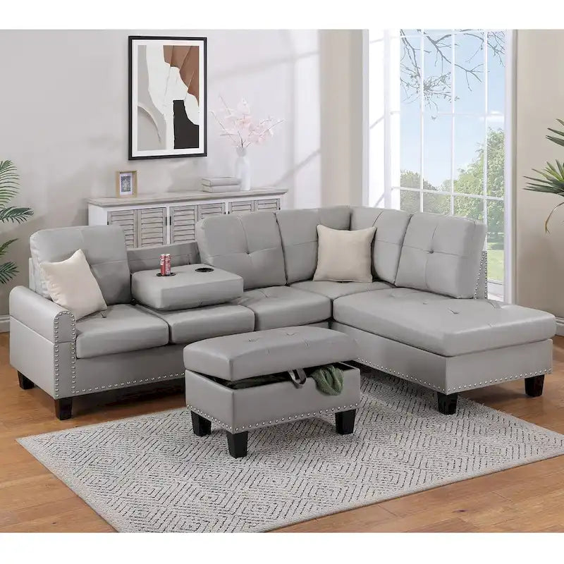 3 Piece Faux Leather Sectional Sofa Set with Storage Ottoman