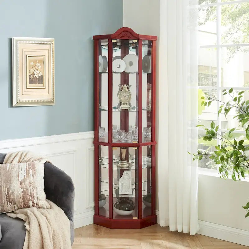 Glass Lighted Corner Display Curio Cabinet, With Light Bar Cabinet,Wine Cabinet with Adjustable Glass Shelves Carved Decoration