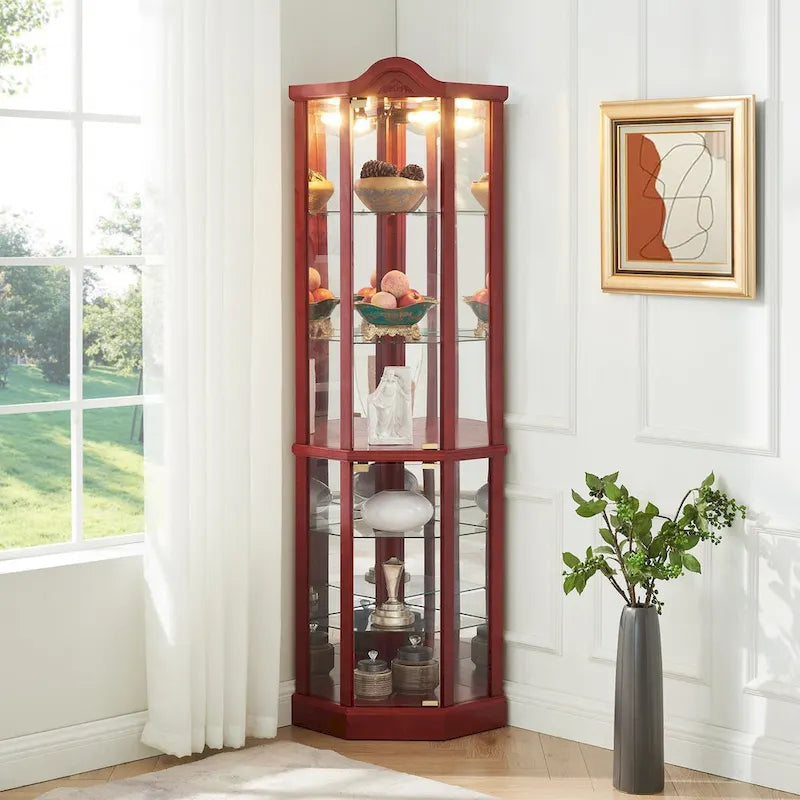Glass Lighted Corner Display Curio Cabinet, With Light Bar Cabinet,Wine Cabinet with Adjustable Glass Shelves Carved Decoration