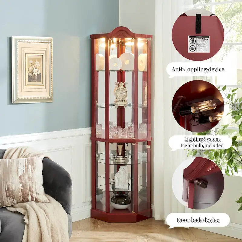 Glass Lighted Corner Display Curio Cabinet, With Light Bar Cabinet,Wine Cabinet with Adjustable Glass Shelves Carved Decoration