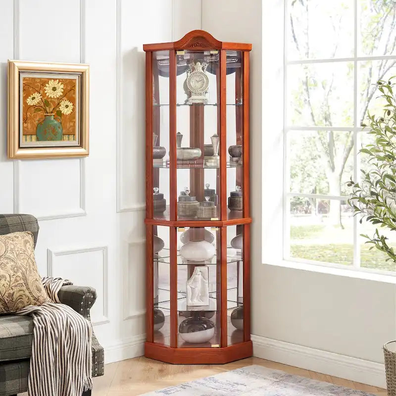 Glass Lighted Corner Display Curio Cabinet, With Light Bar Cabinet,Wine Cabinet with Adjustable Glass Shelves Carved Decoration