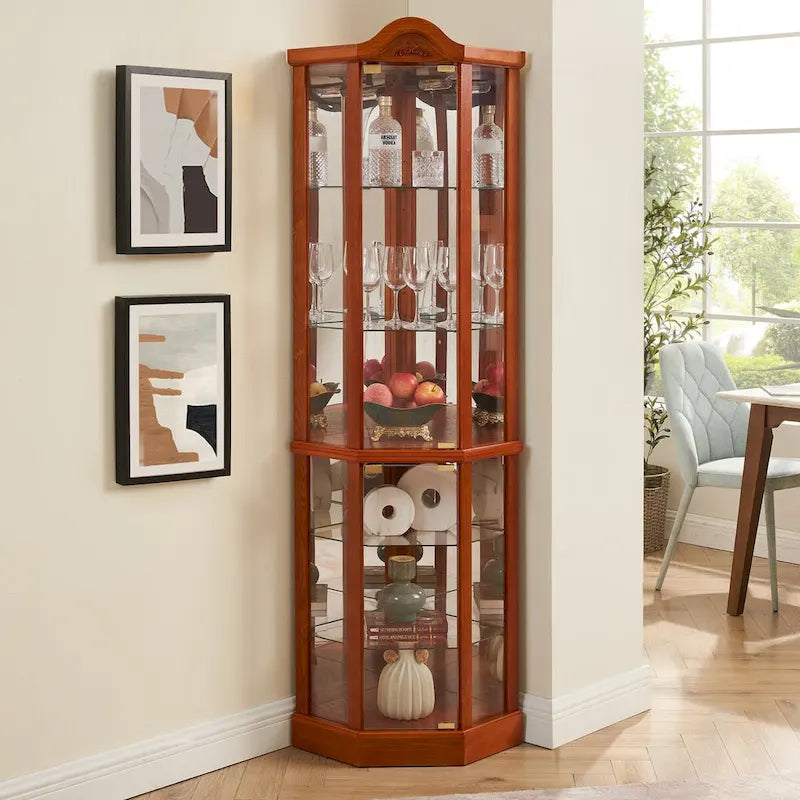 Glass Lighted Corner Display Curio Cabinet, With Light Bar Cabinet,Wine Cabinet with Adjustable Glass Shelves Carved Decoration