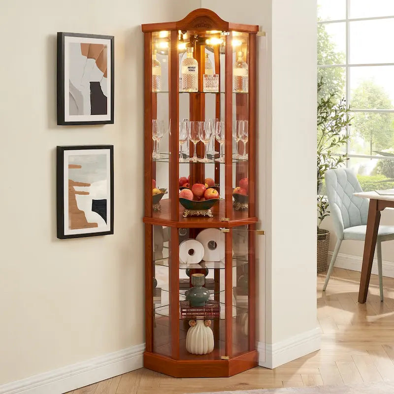 Glass Lighted Corner Display Curio Cabinet, With Light Bar Cabinet,Wine Cabinet with Adjustable Glass Shelves Carved Decoration