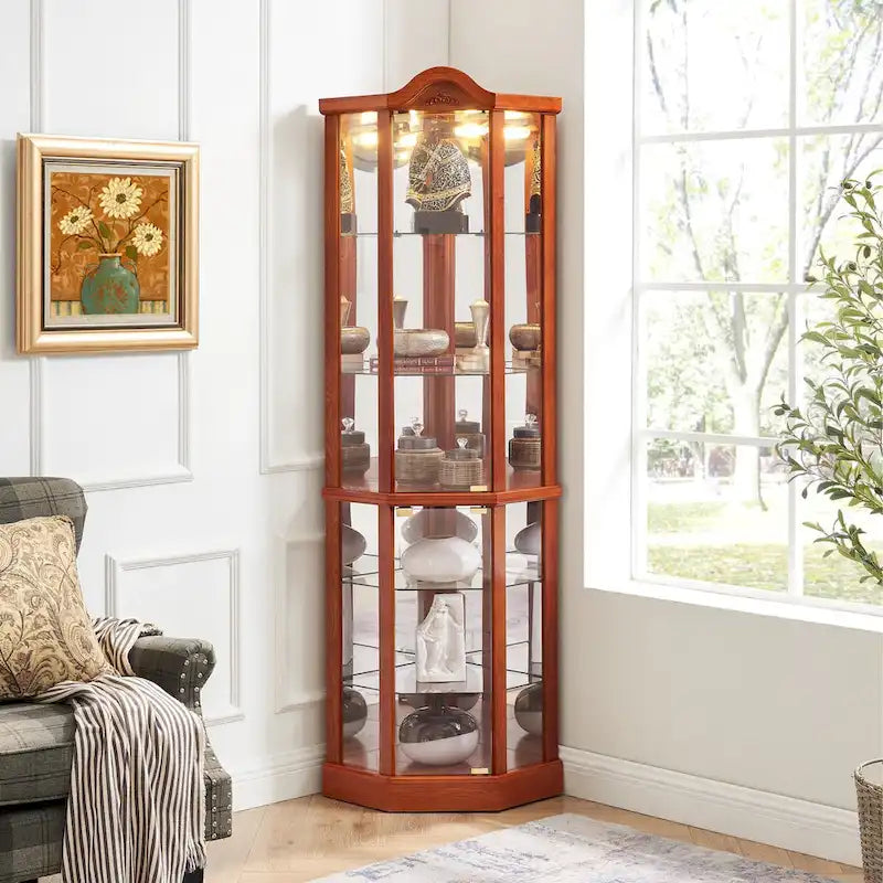 Glass Lighted Corner Display Curio Cabinet, With Light Bar Cabinet,Wine Cabinet with Adjustable Glass Shelves Carved Decoration