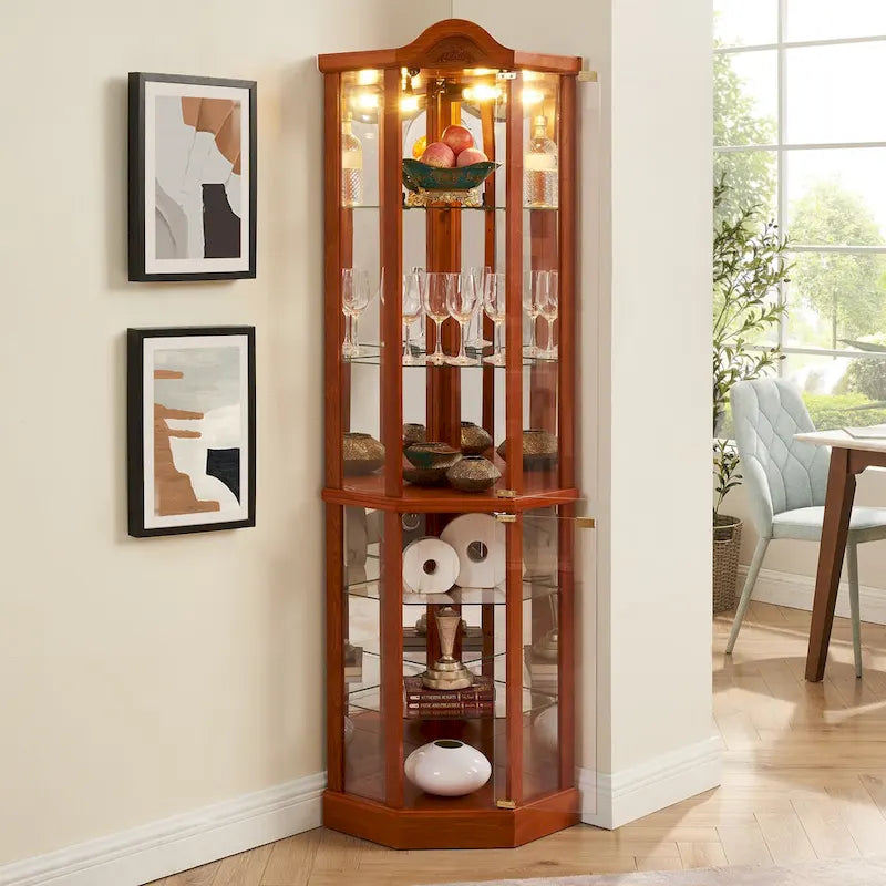 Glass Lighted Corner Display Curio Cabinet, With Light Bar Cabinet,Wine Cabinet with Adjustable Glass Shelves Carved Decoration