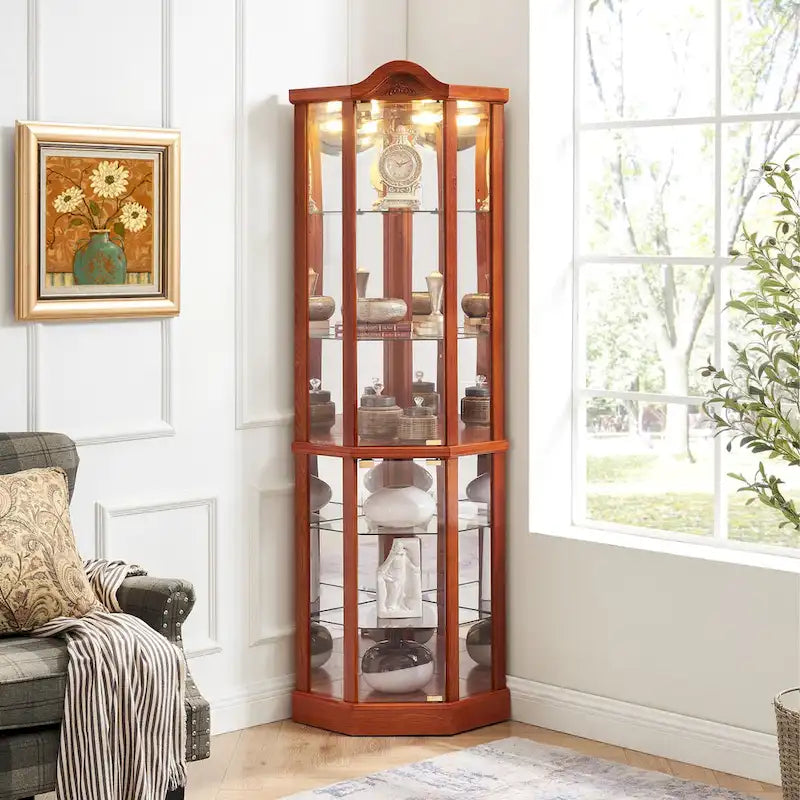 Glass Lighted Corner Display Curio Cabinet, With Light Bar Cabinet,Wine Cabinet with Adjustable Glass Shelves Carved Decoration