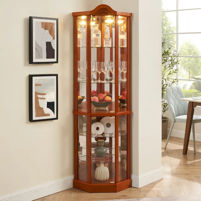 Glass Lighted Corner Display Curio Cabinet, With Light Bar Cabinet,Wine Cabinet with Adjustable Glass Shelves Carved Decoration