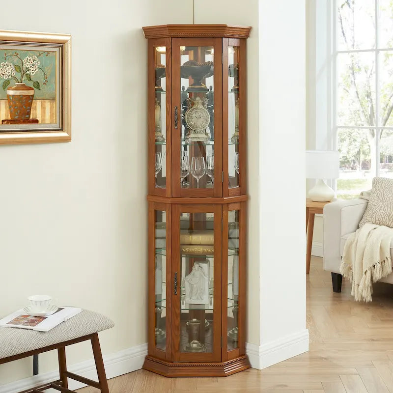 Curio Cabinet Lighted Corner Display, Glass Shelf Shelving Bar with Tempered Door,with Adjustable Cabinet Shelves Bead Bulb