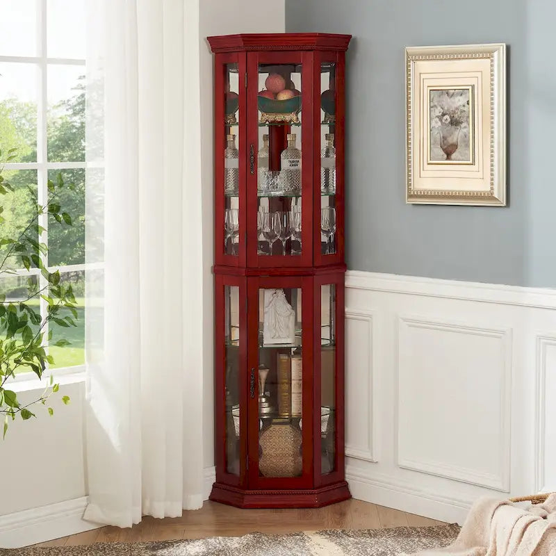 Curio Cabinet Lighted Corner Display, Glass Shelf Shelving Bar with Tempered Door,with Adjustable Cabinet Shelves Bead Bulb