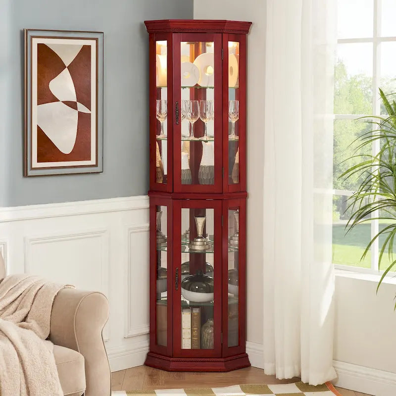 Curio Cabinet Lighted Corner Display, Glass Shelf Shelving Bar with Tempered Door,with Adjustable Cabinet Shelves Bead Bulb