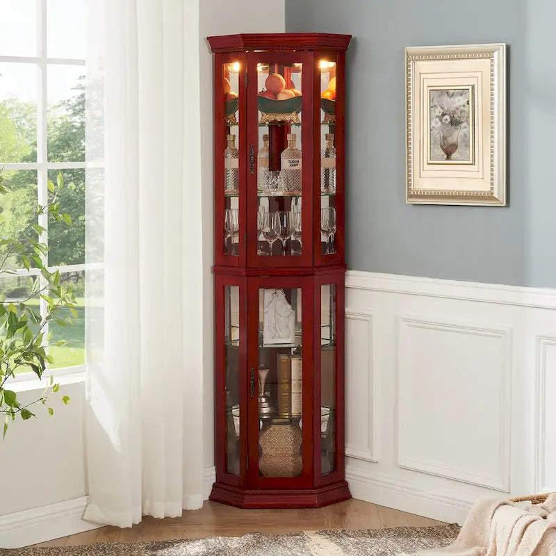 Curio Cabinet Lighted Corner Display, Glass Shelf Shelving Bar with Tempered Door,with Adjustable Cabinet Shelves Bead Bulb